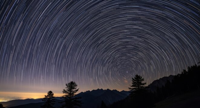 A mesmerizing long-exposure photograph of circular star trails spinning above a dark mountain forest, capturing the beauty of the night sky, astronomy, and the wonders of the cosmos.

