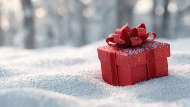 A red gift box with a bow sits on a blanket of snow. The background features blurred trees, creating a wintery atmosphere.