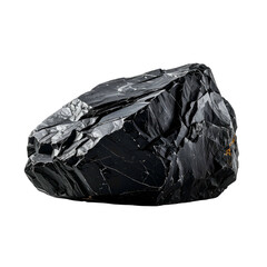 Close-up shot of a lustrous, black, fractured rock against a pure black background