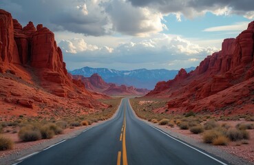 Long highway extends through red rock desert canyon. Bright orange valley rocks stand under blue sky with white clouds. Distant snow mountains seen. Scenic road trip journey landscape, USA nature