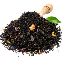 Close-up of a dark, loose tea blend with flower petals, a wooden scoop, and a leaf