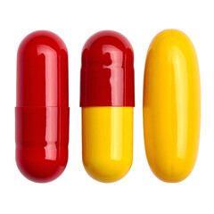 Three glossy, colorful capsules stand upright, showcasing red, yellow, and a two-toned combination