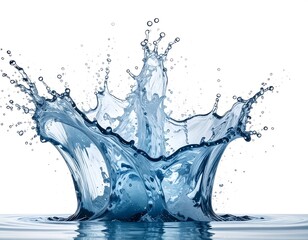 A stunning, high-resolution image captures a dynamic water splash against a clean, white background, showcasing droplets