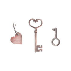 A Set of vintage keys and heart keychain. Watercolor illustration hand drawn and isolated on a white background. Perfect for decorating postcards, wedding invitations, printing on tableware, textiles