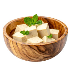Cubed tofu in a wooden bowl with mint garnish on a black background
