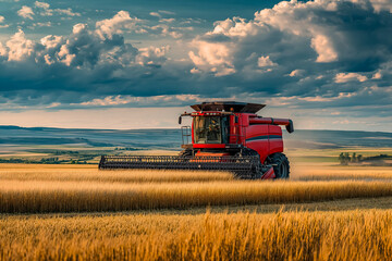 Obraz premium Red agricultural harvester working in golden wheat field under dramatic sky. Farming process and machinery in action, highlighting the importance of modern agriculture and sustainability