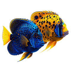 Two vibrantly colored tropical fish with spotted patterns on a black background