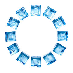 A circular arrangement of translucent, blue-tinged ice cubes against a black background