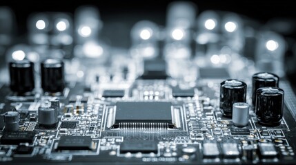 Close up of a circuit board with electronic components and lighting effects