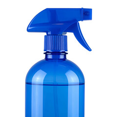 A close-up view of a translucent blue spray bottle with a dark background