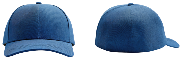 Two views of a solid blue baseball cap