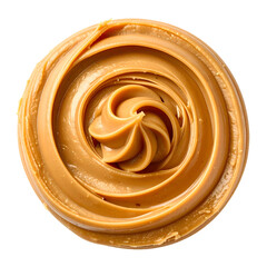 A top-down close-up of a swirl of smooth, creamy, light brown spread on a black backdrop