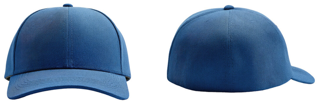 Two views of a solid blue baseball cap