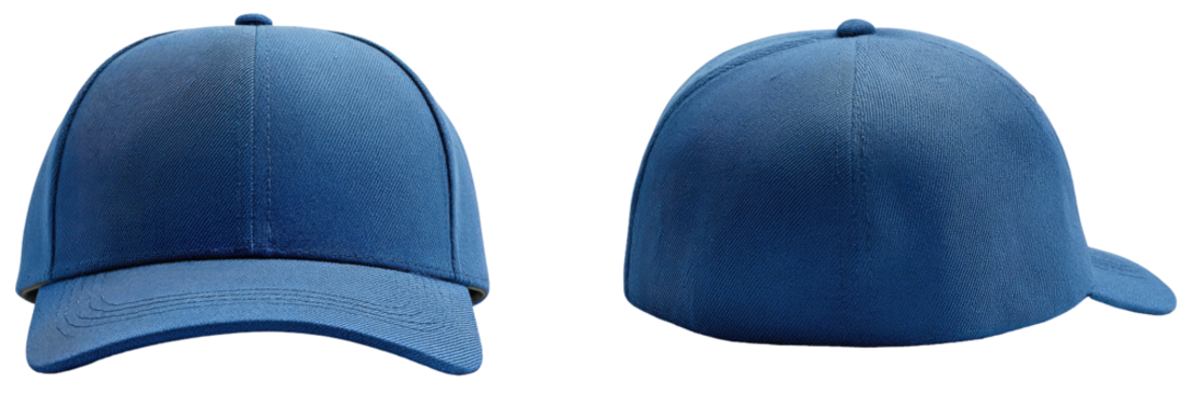 Two views of a solid blue baseball cap