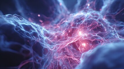 Abstract network of glowing neural connections within a futuristic brain visualization. Scientific concept of consciousness, AI, and digital technology.