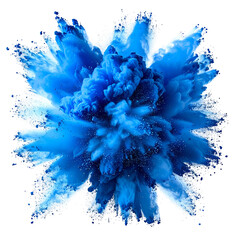 A vivid, symmetrical explosion of bright blue powder against a stark black backdrop