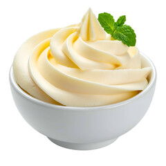 Creamy, swirled frozen dessert in a white bowl, garnished with fresh green sprig
