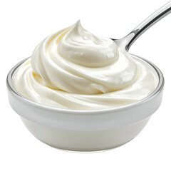 White, creamy swirl of a dairy product sits in a white bowl with a spoon
