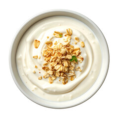 Overhead view of a white ceramic bowl filled with creamy yogurt and sprinkled granola