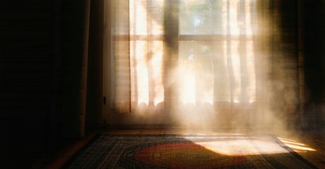 Sunlight streams through window, illuminating ornate rug. Dust motes dance within golden rays. Warm interior, peaceful scene.