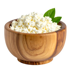 Cottage cheese in wooden bowl, garnished with green leaves, against a black backdrop