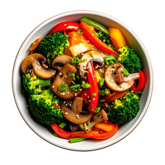 Overhead view of a colorful, appetizing vegetarian stir-fry in a white bowl