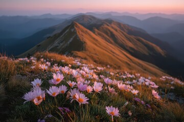 Fototapeta premium Golden hour bathes mountain slope covered with blooming wildflowers in soft light, overlooking hazy mountain peaks and soft sky at golden hour.