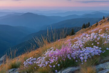 A scenic mountain landscape at dusk featuring layers of hazy blue hills, meadows with wildflowers, and golden light creating a tranquil natural vista.