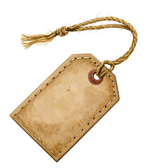 A textured, aged paper label with stitched edges and a looped rope cord