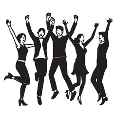 Fototapeta premium A group of five happy people jumping in the air with their arms raised, celebrating a success or achievement, isolated on white background the image is a simple black and white vector illustration