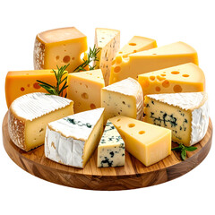 A delicious assortment of various cheese wedges and blocks on a wooden cutting board