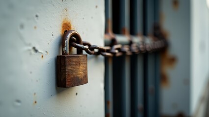Rusty padlock and chain securing metal gate