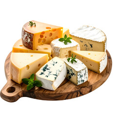 Assortment of various cheeses, aged and fresh, arranged on a rustic wooden board