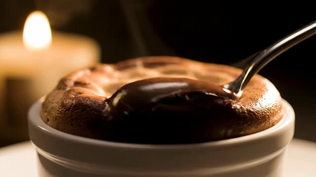 Chocolate souffle dessert with spoon in white ramekin and candlelight creating warm cozy ambiance