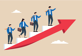 Flat illustration of business people step up rising growth arrow symbolizing sustainable business success
