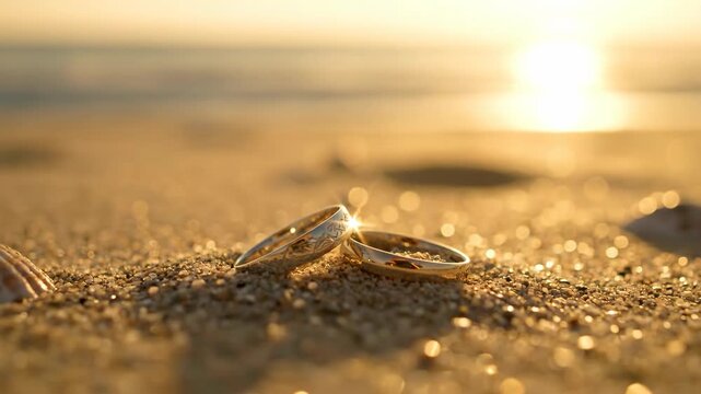 Golden wedding ring on sandy beach with warm sunset light and romantic atmosphere glow