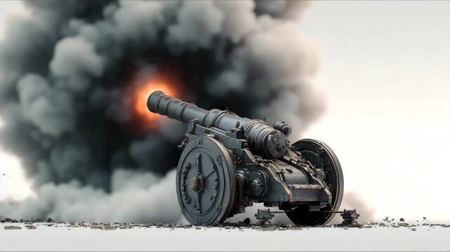 Powerful cannon fires into the air, creating an explosion that sends debris flying in an intense display of firepower