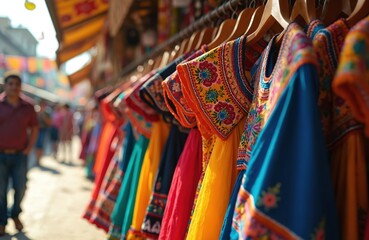 Colorful traditional Mexican dresses hang on hangers in vibrant market. Embroidery, hand-made textile clothes on display. People walk by in background. Fashionable ethnic apparel for sale. Cultural