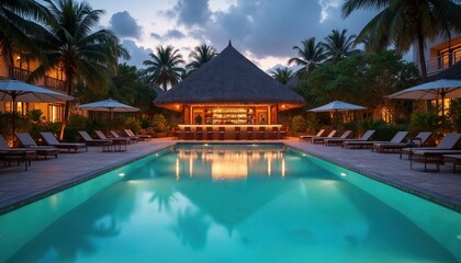 Evening photo of a tropical resort pool bar. Luxury resort with palm trees. People relax at poolside. Vacation destination with swimming pool and relaxation area.