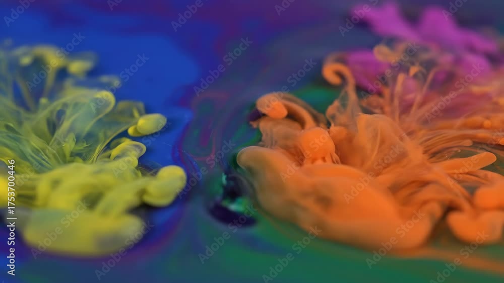Poster macro close-up of vibrant colorful liquid ink flowing and mixing in a clear viscous solution, creati