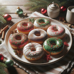 A plate with assorted donuts decorated in red, green, and white sprinkles, rustic table surface, cozy festive setting, realistic 3D illustration, natural daylight