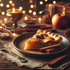 : A slice of homemade apple pie served on a ceramic plate, sprinkled with cinnamon, wooden table and blurred fairy lights in background, warm cozy holiday tone, realistic 3D style
