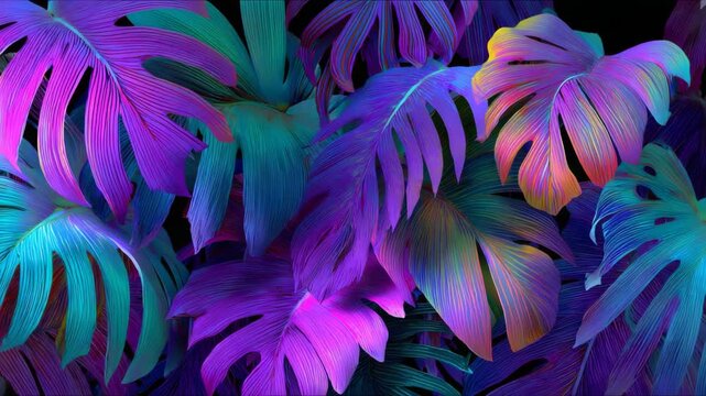 Vibrant neon leaves create a stunning visual display in a lush, tropical setting with striking colors and bold patterns that capture attention