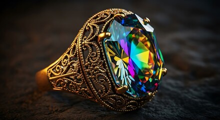 Ornate Gold Ring with Large Rainbow Mystic Topaz Gemstone