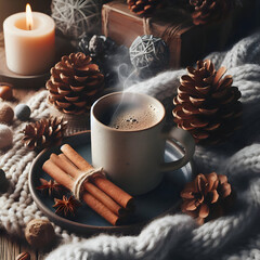 A steaming cup of coffee with cinnamon sticks beside it, surrounded by pinecones and a soft wool blanket, cozy winter morning mood, natural daylight, realistic textures, peaceful vibe