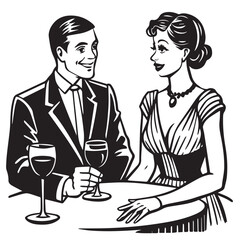 Fototapeta premium A couple is enjoying a romantic evening with wine, isolated on white background the man is wearing a suit and the woman is wearing a dress they are both smiling and looking at each other
