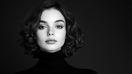 Fototapeta premium Monochrome portrait of a woman with wavy hair and a turtleneck sweater, showcasing classic beauty and minimalist style. A timeless aesthetic.