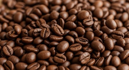 Fototapeta premium A detailed close-up of roasted coffee beans, showcasing their rich brown color, texture, and aroma, perfect for illustrating coffee culture, gourmet beverages, and the essence of fresh coffee.