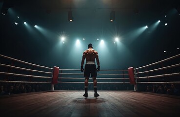Rear view of muscular boxer in ring under spotlight. Athletic man stands ready for fight. Boxer in shorts gloves prepares for competition. Fighters body ready for combat. Audience watches fight in