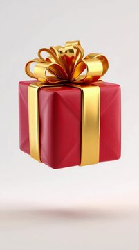 A 3D red gift box with a shiny golden ribbon and bow, floating against a white background.